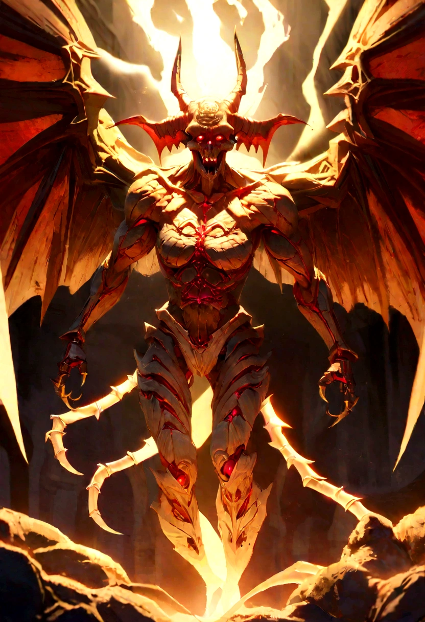 a detailed illustration of a summoned skull from the Yu-Gi-Oh! trading card game, hyper realistic, intricate mechanical details, dark fantasy, cinematic lighting, volumetric fog, dramatic pose, glowing red eyes, sharp fangs, leathery wings, detailed bone and muscle structure, dark grunge atmosphere, muted color palette, chiaroscuro lighting, gothic horror, masterpiece, highly detailed, 8k