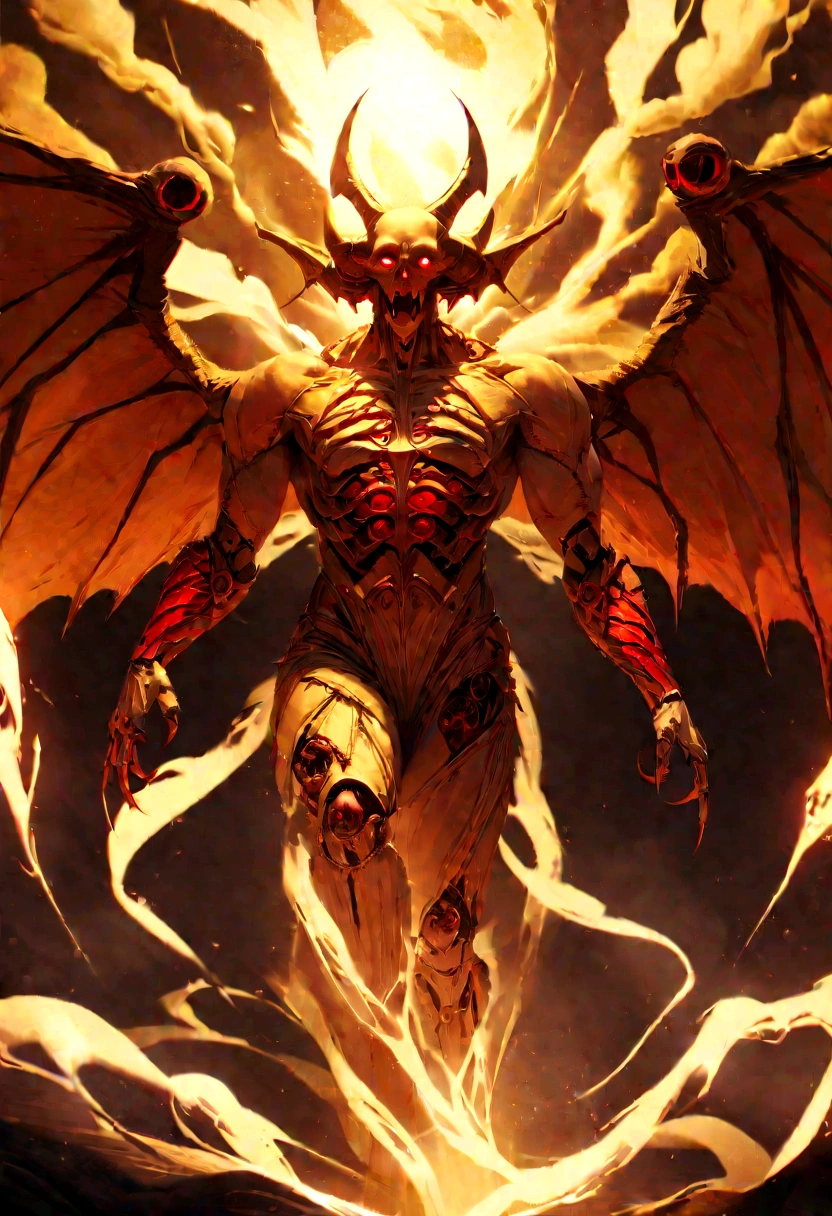 a detailed illustration of a summoned skull from the Yu-Gi-Oh! trading card game, hyper realistic, intricate mechanical details, dark fantasy, cinematic lighting, volumetric fog, dramatic pose, glowing red eyes, sharp fangs, leathery wings, detailed bone and muscle structure, dark grunge atmosphere, muted color palette, chiaroscuro lighting, gothic horror, masterpiece, highly detailed, 8k