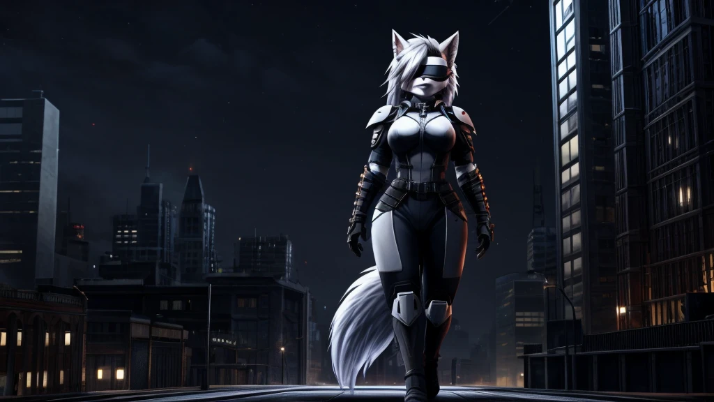 Loona from Helluva Boss, female white wolf, short white hair, white blindfold, she is blind, white combat military armor suit, standing, above a building, city, night, dark lighting, extremely detailed, solo, beautiful, high quality, 4K