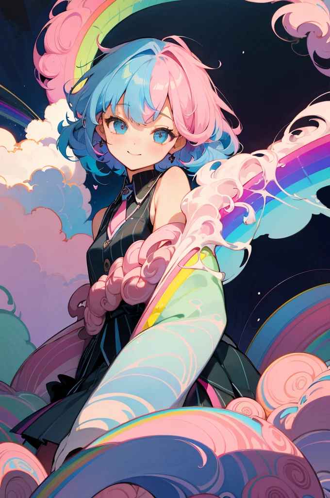 jaket、Shirt、a miniskirt、neck tie、 out、Futomo、Eye Highlights、Sleeved、Sleeveless、(masterpiece、top-quality、top-quality、watercolor paiting(Curly)、Beautifully Aesthetic:1.2)、(1girl in:1.3)、(Fractal Art:1.3)、looking at the viewers、patterns、(rainbow-colored hair、colourful hair、Half blue and half pink hair:1.2)、Eau、liquids、cloud、colourfull、A smile、a smile、