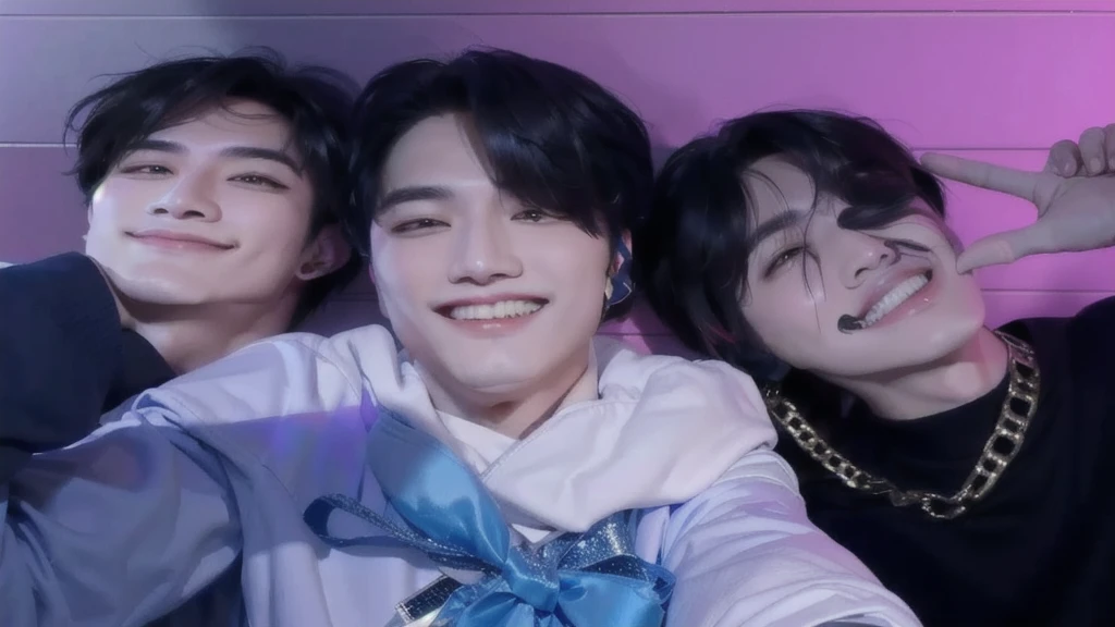 Three Asian men posing for a photo with their hands in the air., foto de perfil, sonrisa torcida, Jimin, Jimin\los labios carnosos, BTS, accurate Jimin face, Jimin\'s grecian nose, jungkook, todos del grupo nct, Jimin\his right eyelid is swollen, BT21, BT 2 1, sonrisa loca, park Jimin