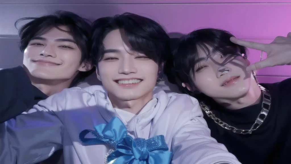 Three Asian men posing for a photo with their hands in the air., foto de perfil, sonrisa torcida, Jimin, Jimin\los labios carnosos, BTS, accurate Jimin face, Jimin\'s grecian nose, jungkook, todos del grupo nct, Jimin\his right eyelid is swollen, BT21, BT 2 1, sonrisa loca, park Jimin