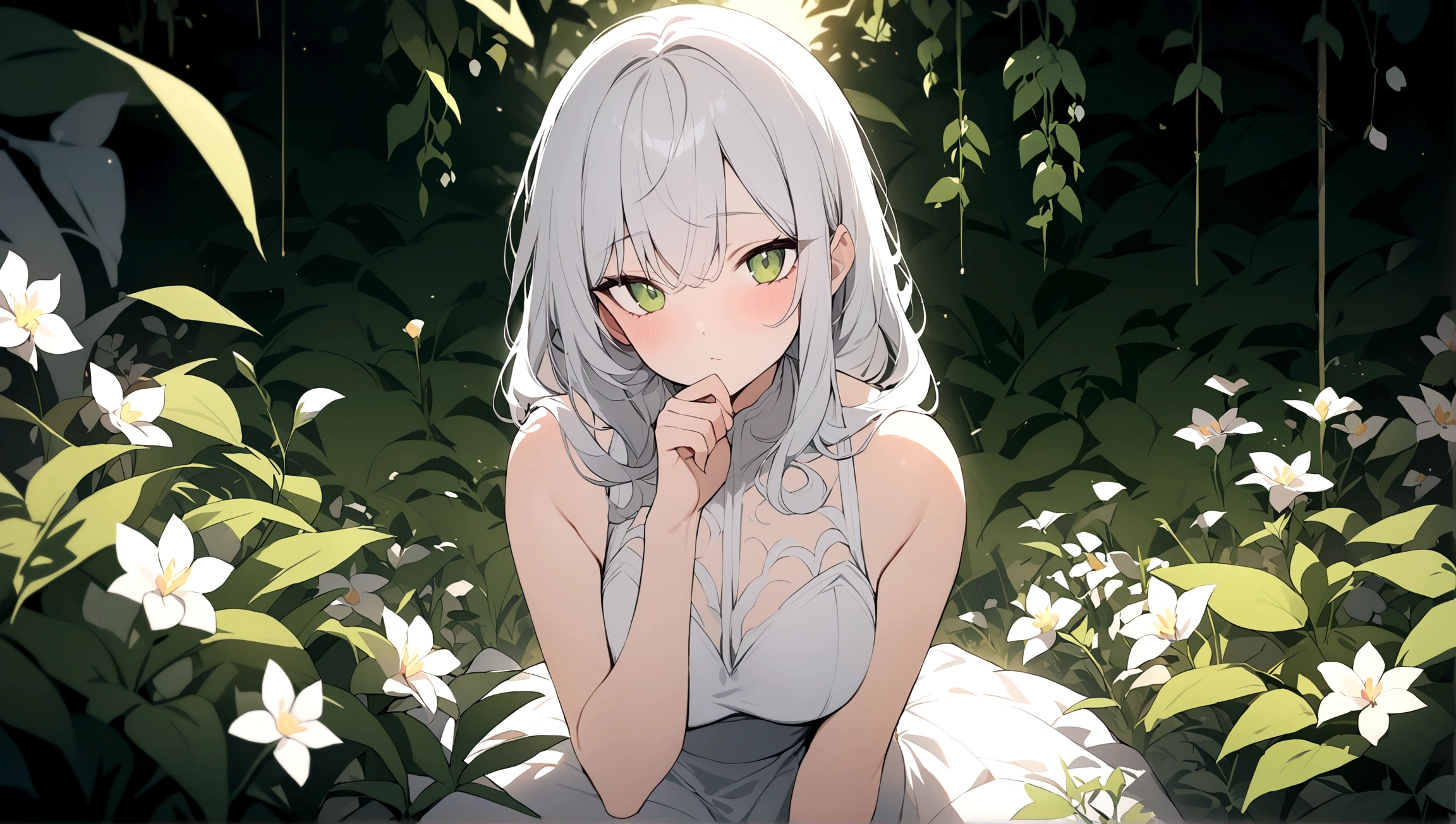 (masterpiece, best quality),1girl with long white hair sitting in a field of green plants and flowers, her hand under her chin, warm lighting, white dress, blurry foreground