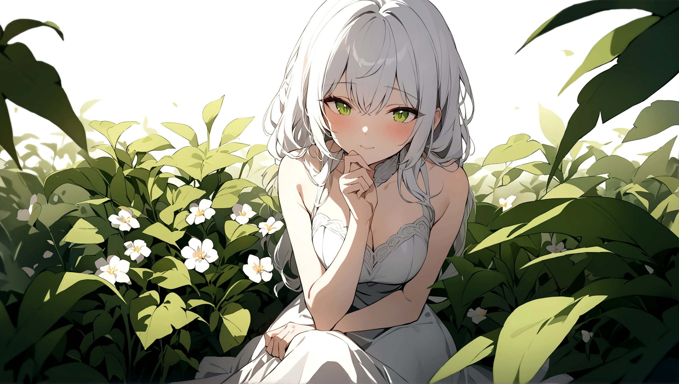 (masterpiece, best quality),1girl with long white hair sitting in a field of green plants and flowers, her hand under her chin, warm lighting, white dress, blurry foreground