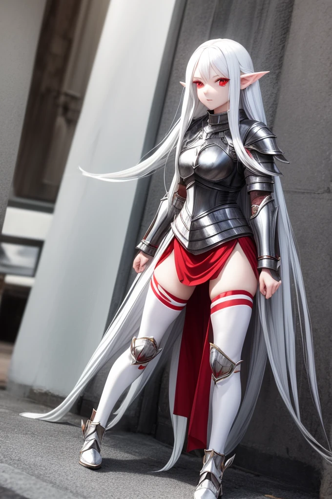 young girl, full body, long white hair, pointed ears, white skin, red eyes, confident expression, full plate adorned armor.