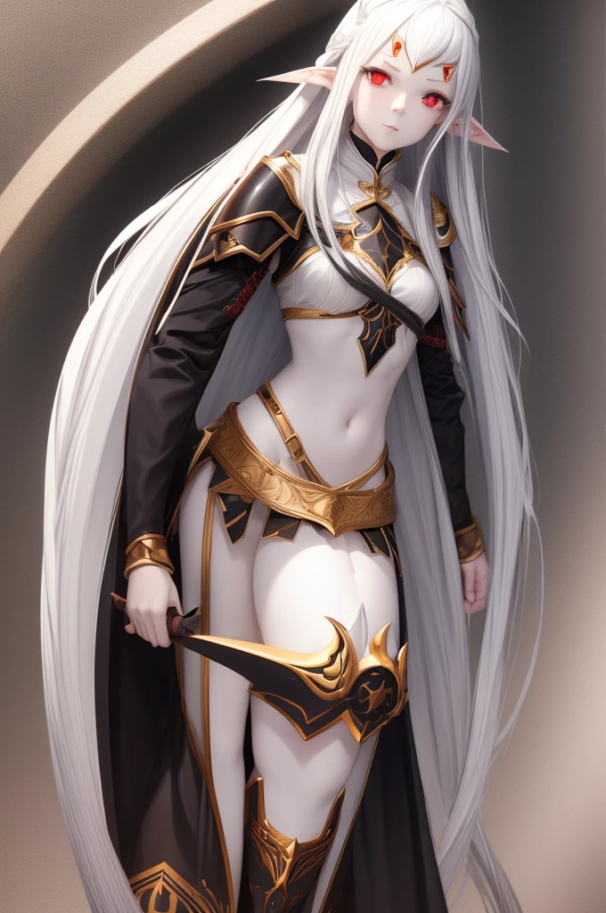 young girl, full body, long white hair, pointed ears, white skin, red eyes, confident expression, full plate adorned armor.