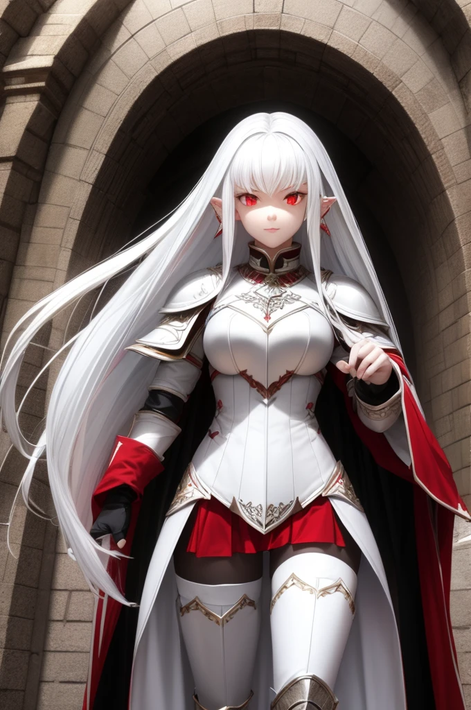 young girl, full body, long white hair, pointed ears, white skin, red eyes, confident expression, full plate adorned armor.