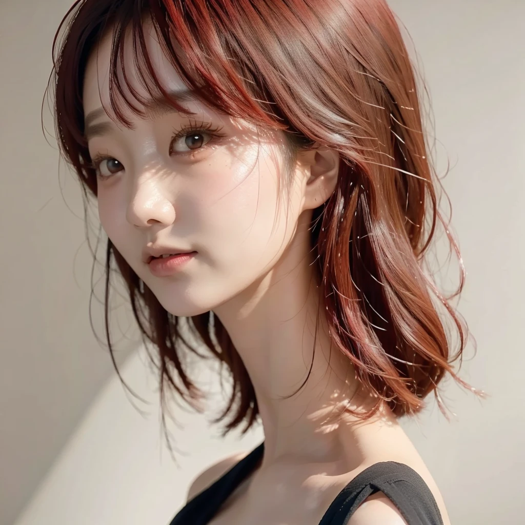 Wonyoung, red hair, simple background, asian, portrait, 1 girl, short hair, selfie