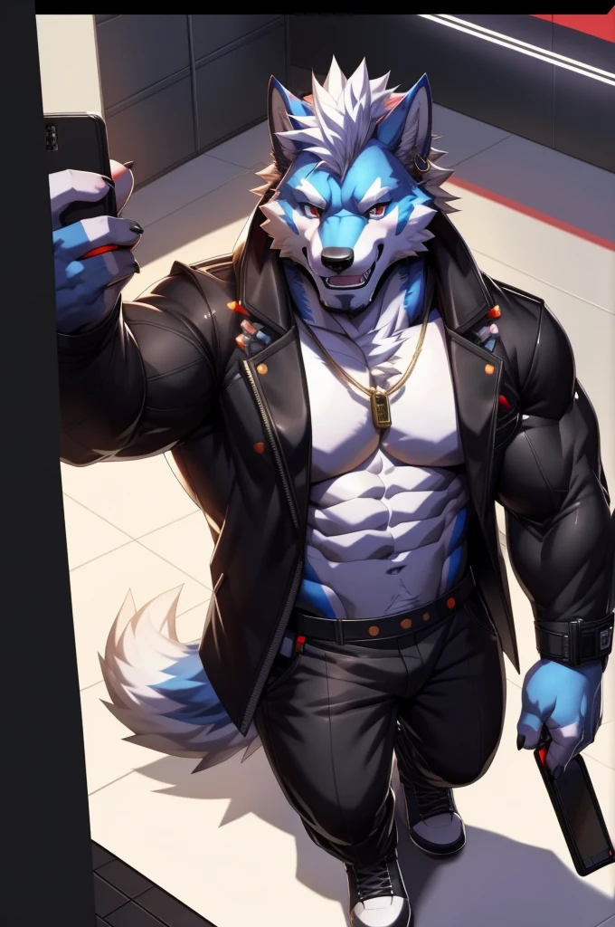 solo, anthro, furry, furry male, wolf, ((fluffy fur, fluffy, furry body)), (wolf print), red eyes, hair tuft, long hair, (light blue body, blue body, muscles), wolf tail, ((white hair, mohawk hair)), (white muzzle, white forearms), Camera Recording POV, Camera POV, security footage pov, phone in hand, detailed fluffy fur, detailed face, detailed eyes, puffy arctic coat, black coat, black coat cropped, puffy coat, winter coat, cropped coat, sunglasses, aviator sunglasses, black trousers, gold earring, tight clothes, white shoes, black aviator sunglasses, smaller arms (full body, round ass, fluffy ass, Red LED glowing collar), cyberpunk, valorant,(by DRKS, by raccoon21, by Sollyz, by null-ghost, masterpiece, high quality,hi res,8k hd), close-view portrait, looking at viewer, indoors, changing room, clothing store, cute face, open mouth, teeth, detailed teeth, grinning expression, camera view angled from above, heavy shadows, athletic build, full body,