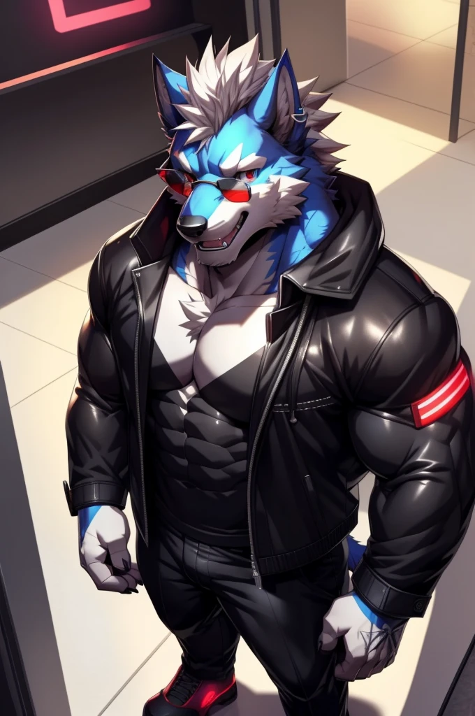 A man standing,hairy,very detailed,wolf,gray fur,white hair,large bulge,golden pupils,muscular,smile(blushing 1.1),(full-body black rubber catsuit 1.2),(best quality,4k,8k,highres,masterpiece:1.2),ultra-detailed,(realistic,photorealistic,photo-realistic:1.37),HDR,UHD,studio lighting,ultra-fine painting,sharp focus,physically-based rendering,extreme detail description,professional,vivid colors,bokeh,portraits,anime,sci-fi,photography