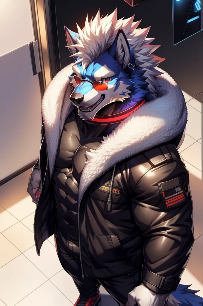solo, anthro, furry, furry male, wolf, ((fluffy fur, fluffy, furry body)), (wolf print), red eyes, hair tuft, long hair, (light blue body, blue body, muscles), wolf tail, ((white hair, mohawk hair)), (white muzzle, white forearms), Camera Recording POV, Camera POV, security footage pov, phone in hand, detailed fluffy fur, detailed face, detailed eyes, puffy arctic coat, black coat, black coat cropped, puffy coat, winter coat, cropped coat, sunglasses, aviator sunglasses, black trousers, gold earring, tight clothes, white shoes, black aviator sunglasses, smaller arms (full body, round ass, fluffy ass, Red LED glowing collar), cyberpunk, valorant,(by DRKS, by raccoon21, by Sollyz, by null-ghost, masterpiece, high quality,hi res,8k hd), close-view portrait, looking at viewer, indoors, changing room, clothing store, cute face, open mouth, teeth, detailed teeth, grinning expression, camera view angled from above, heavy shadows, athletic build, full body,