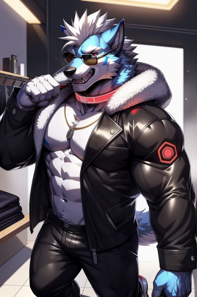 solo, anthro, furry, furry male, wolf, ((fluffy fur, fluffy, furry body)), (wolf print), red eyes, hair tuft, long hair, (light blue body, blue body, muscles), wolf tail, ((white hair, mohawk hair)), (white muzzle, white forearms), Camera Recording POV, Camera POV, security footage pov, phone in hand, detailed fluffy fur, detailed face, detailed eyes, puffy arctic coat, black coat, black coat cropped, puffy coat, winter coat, cropped coat, sunglasses, aviator sunglasses, black trousers, gold earring, tight clothes, white shoes, black aviator sunglasses, smaller arms (full body, round ass, fluffy ass, Red LED glowing collar), cyberpunk, valorant,(by DRKS, by raccoon21, by Sollyz, by null-ghost, masterpiece, high quality,hi res,8k hd), close-view portrait, looking at viewer, indoors, changing room, clothing store, cute face, open mouth, teeth, detailed teeth, grinning expression, camera view angled from above, heavy shadows, athletic build, full body,
