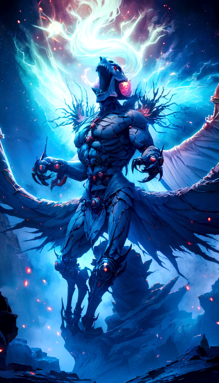 a detailed illustration of a summoned skull from the Yu-Gi-Oh! trading card game, hyper realistic, intricate mechanical details, dark fantasy, cinematic lighting, volumetric fog, dramatic pose, glowing red eyes, sharp fangs, leathery wings, detailed bone and muscle structure, dark grunge atmosphere, muted color palette, chiaroscuro lighting, gothic horror, masterpiece, highly detailed, 8k
