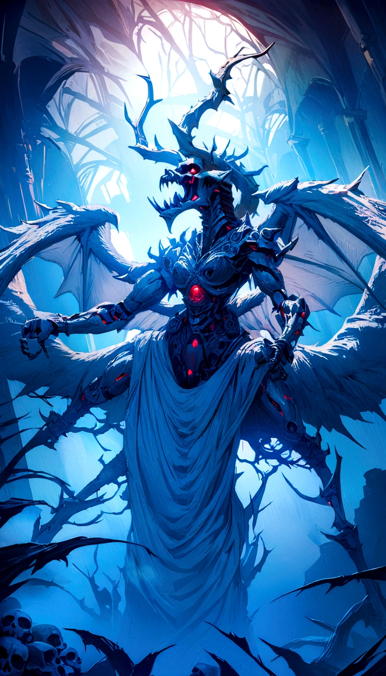 a detailed illustration of a summoned skull from the Yu-Gi-Oh! trading card game, hyper realistic, intricate mechanical details, dark fantasy, cinematic lighting, volumetric fog, dramatic pose, glowing red eyes, sharp fangs, leathery wings, detailed bone and muscle structure, dark grunge atmosphere, muted color palette, chiaroscuro lighting, gothic horror, masterpiece, highly detailed, 8k