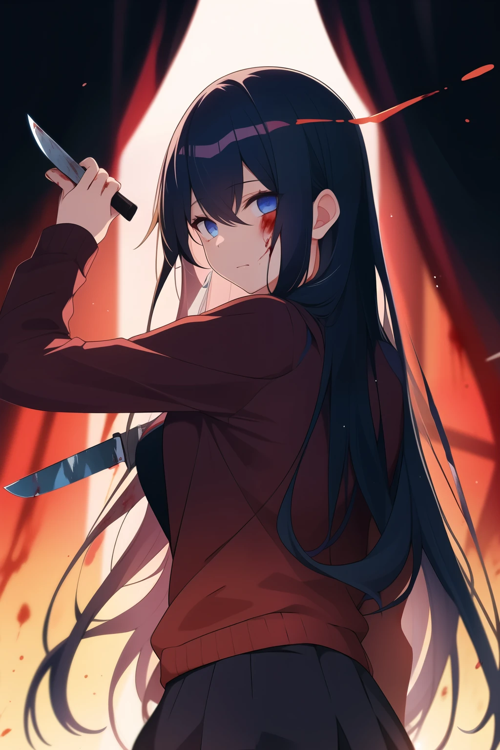 Girl, killing, boy, long hair, knife, blood splashed