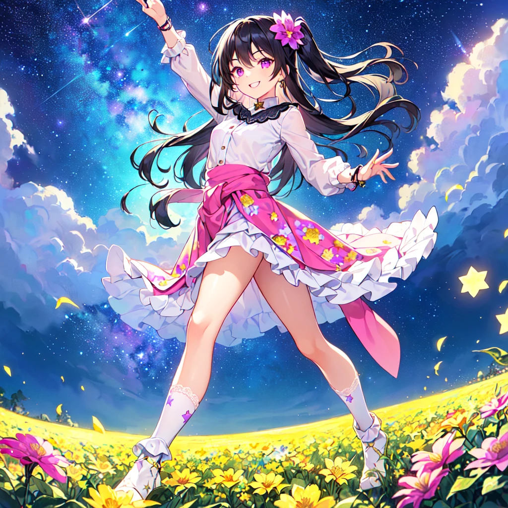 masterpiece, best quality, high quality, extremely detailed, very delicate and beautiful, (1 female 18 years old solo:1.2), (long black hair up to waist with two side up:1.4), bangs to eyebrows, eyes (eyes sharp, strong glossy glossy eyes, eyebrows glossy, (eye color magenta:1.3), 6.5 head height, (southern star flower and star summer print fashion:1.3), knee socks, ruffles, lace, (smiling), (running), (dynamic pose), (background southern star flower field: 1.3),(starry sky: 1.3)