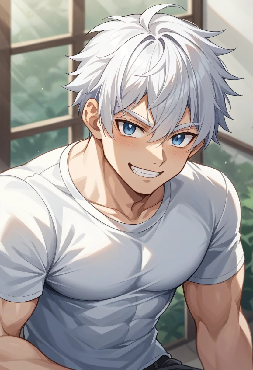 masterpiece, Anime CG, boys, Short White Spiky Hair, Wheat Bran, muscle, Smooth texture, Silk texture , Golden pupils, Perfect eyes