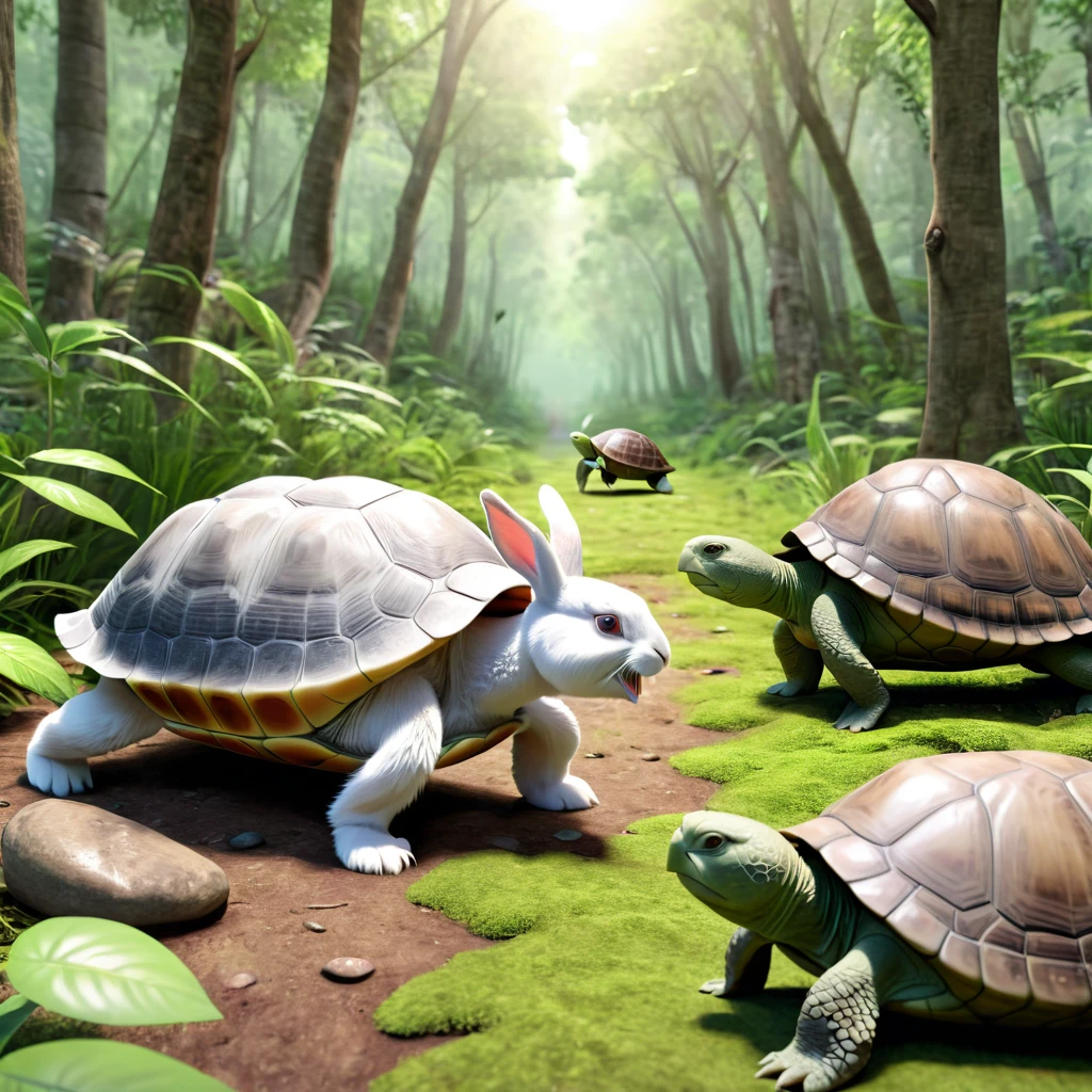 In the wilderness, you can see a rabbit walking and laughing in the middle of the forest, you can see a turtle walking 3D rendering, photo realistic