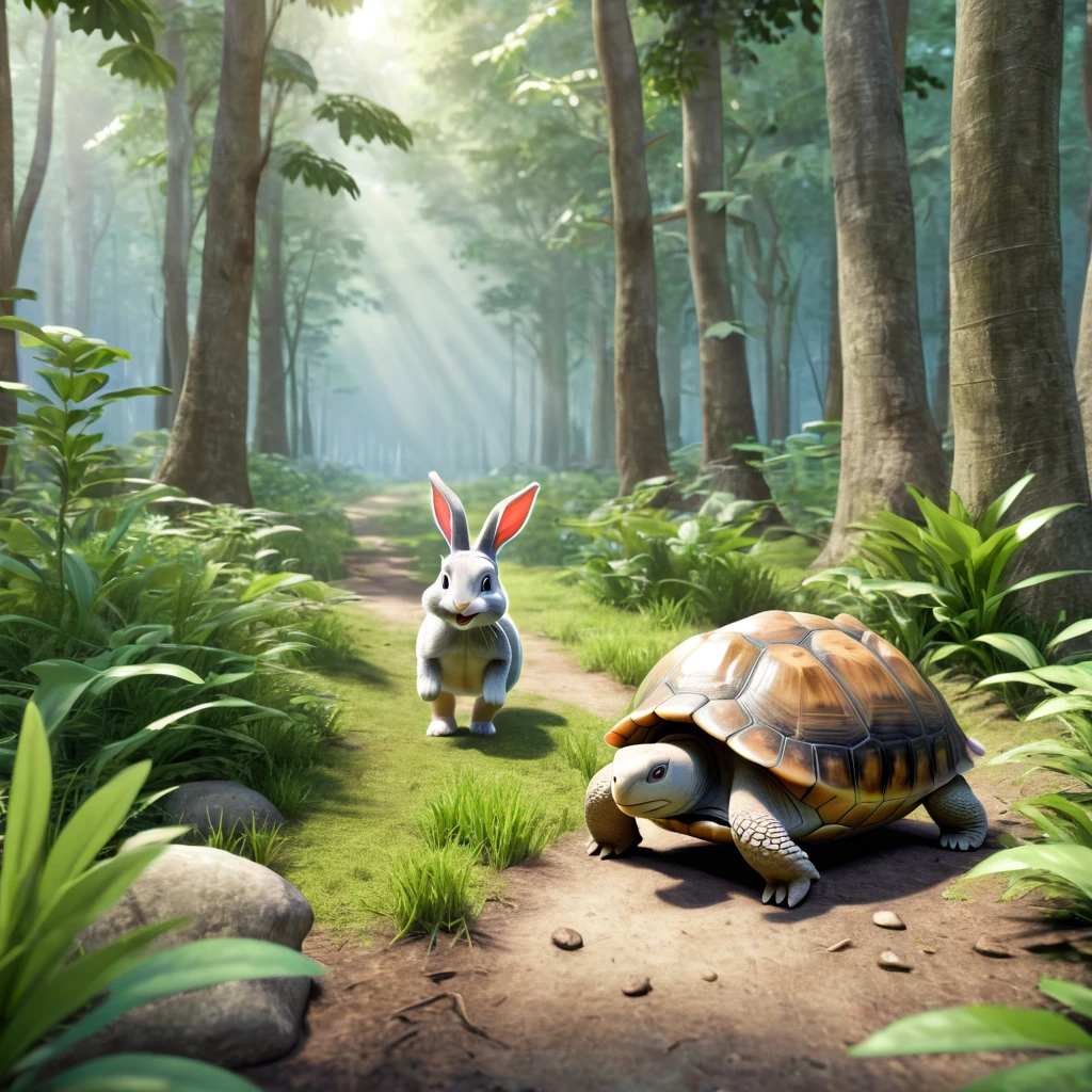 In the wilderness, you can see a rabbit walking and laughing in the middle of the forest, you can see a turtle walking 3D rendering, photo realistic