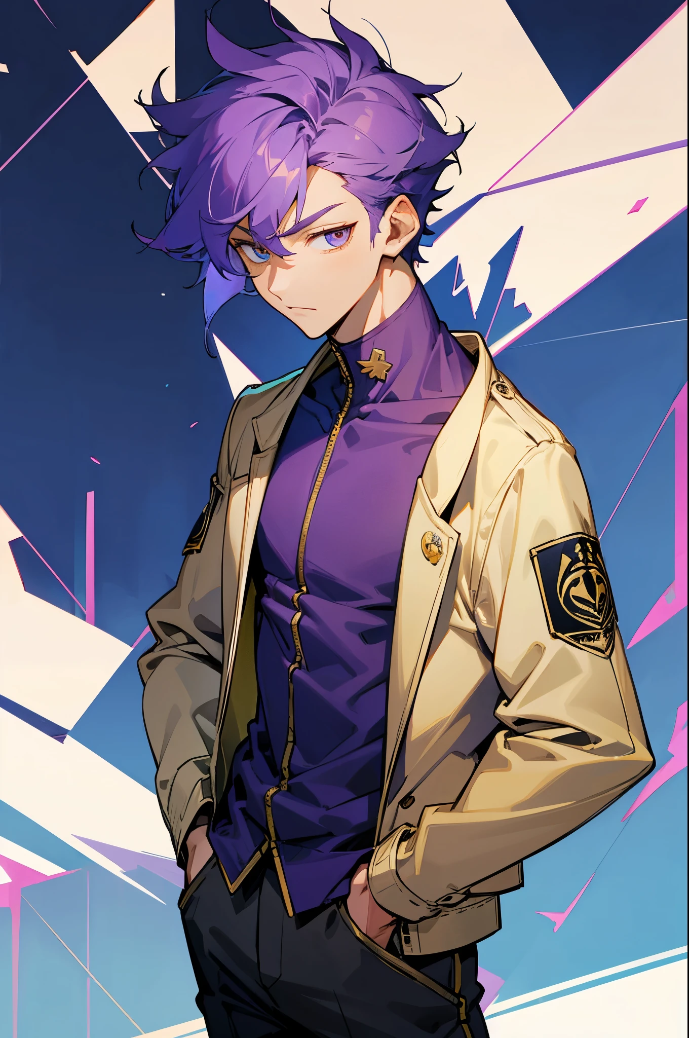 solo, handsome, 1 male, short hair, blue and purple color hair, golden eyes, hands in pocket
