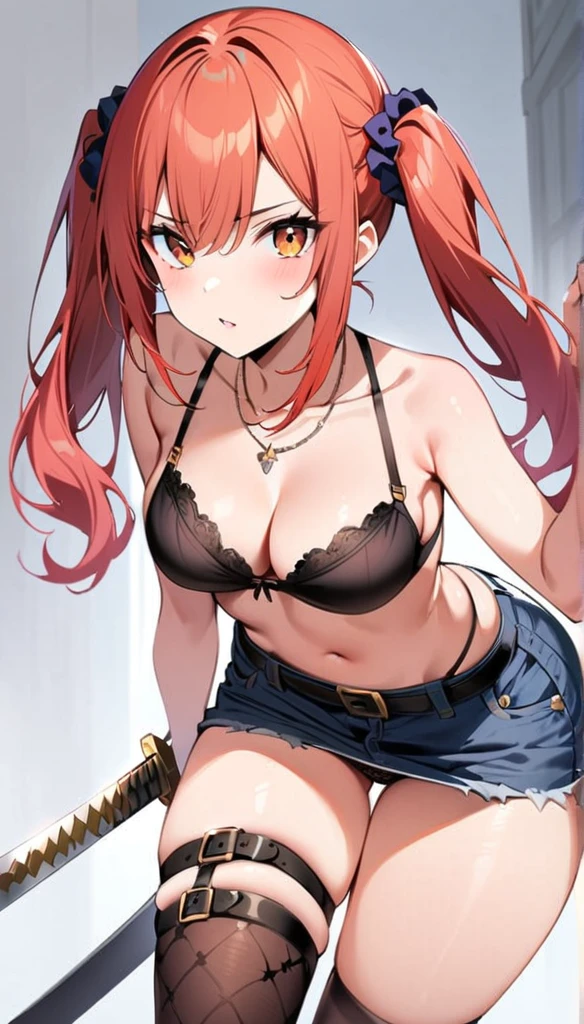 masterpiece, Highest quality, pretty girl,  , Scrunchie hair ornament, Twin tails,denim pencil mini skirt,hoodie, Patterned stockings, Leg belt, necklace, skinny , Pink and black bra,((showing off lace panties)),sword,knife,Japan holding a sword,assassin,