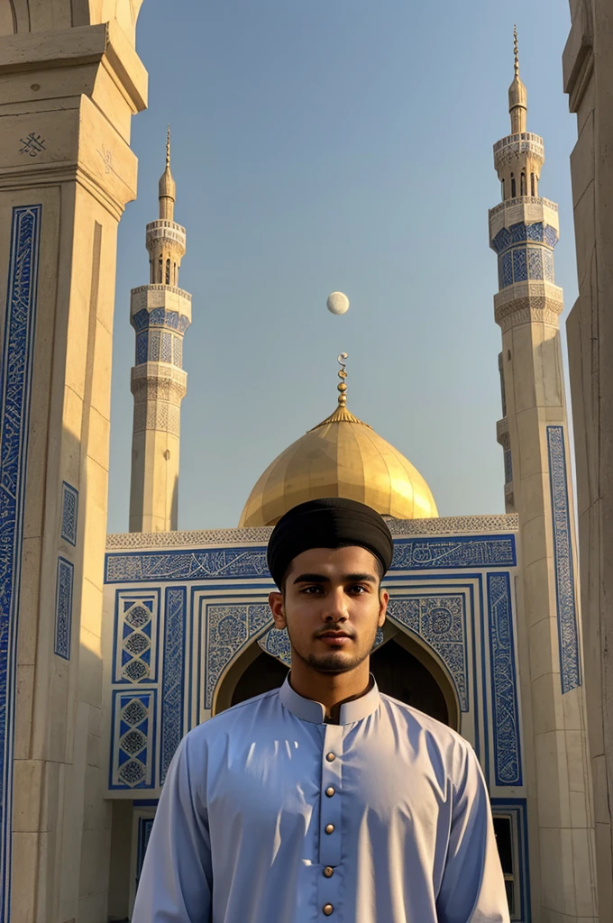((best quality)), ((masterpiece)), (detailed), perfect face A 21-year-old boy is standing in front of the mosque. Eid moon is rising in the sky, Eid Mubarak is written in the sky, the boy is wearing Punjabi clothes.
