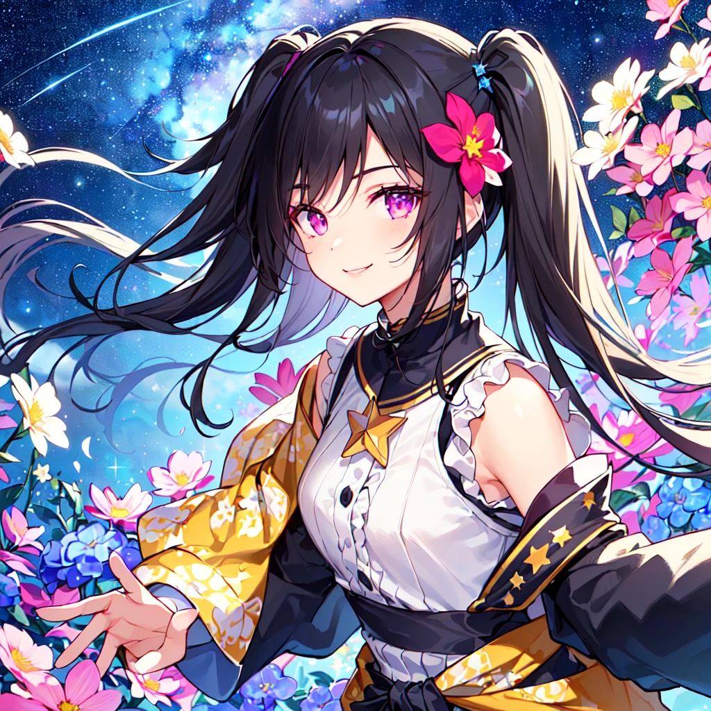 masterpiece, best quality, high quality, extremely detailed, very delicate and beautiful, (1 female 18 years old solo:1.2), (long black hair up to waist with two side up:1.4), bangs to eyebrows, eyes (eyes sharp, strong glossy glossy eyes, eyebrows glossy, (eye color magenta:1.3), 6.5 head height, (southern star flower and star summer print fashion:1.3), knee socks, ruffles, lace, (smiling), (running), (dynamic pose), (background southern star flower field: 1.3),(starry sky: 1.3), (upper body:1.3)
