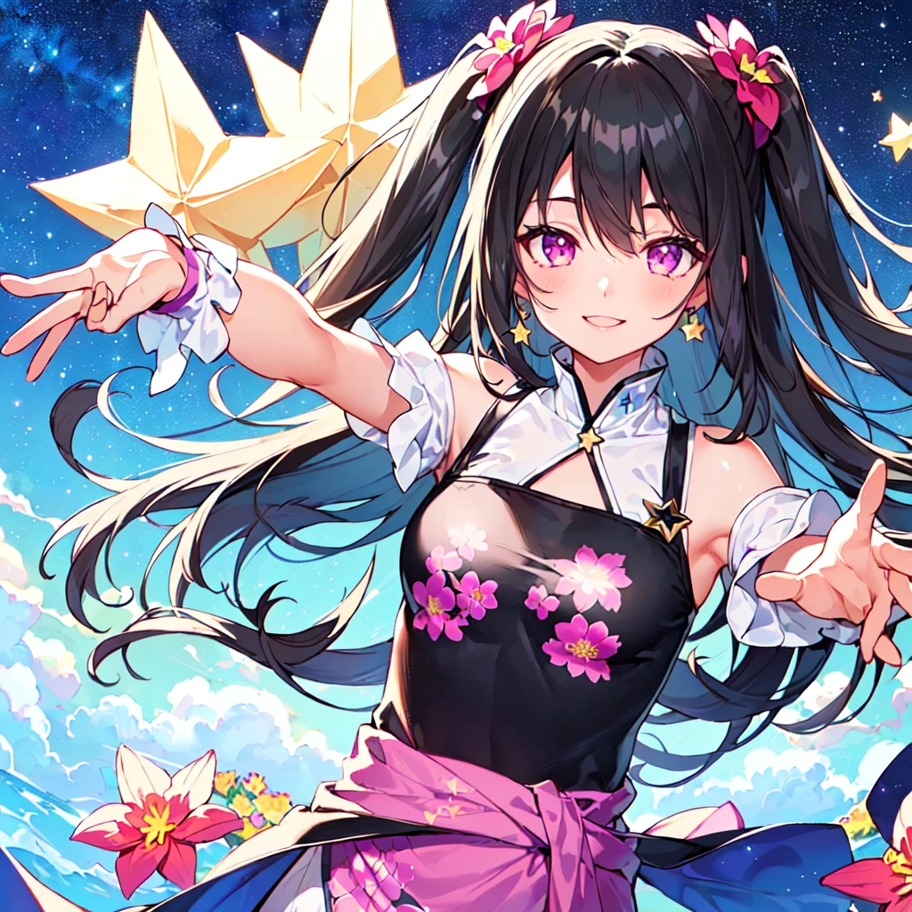 masterpiece, best quality, high quality, extremely detailed, very delicate and beautiful, (1 female 18 years old solo:1.2), (long black hair up to waist with two side up:1.4), bangs to eyebrows, eyes (eyes sharp, strong glossy glossy eyes, eyebrows glossy, (eye color magenta:1.3), 6.5 head height, (southern star flower and star summer print fashion:1.3), knee socks, ruffles, lace, (smiling), (running), (dynamic pose), (background southern star flower field: 1.3),(starry sky: 1.3), (upper body:1.3)