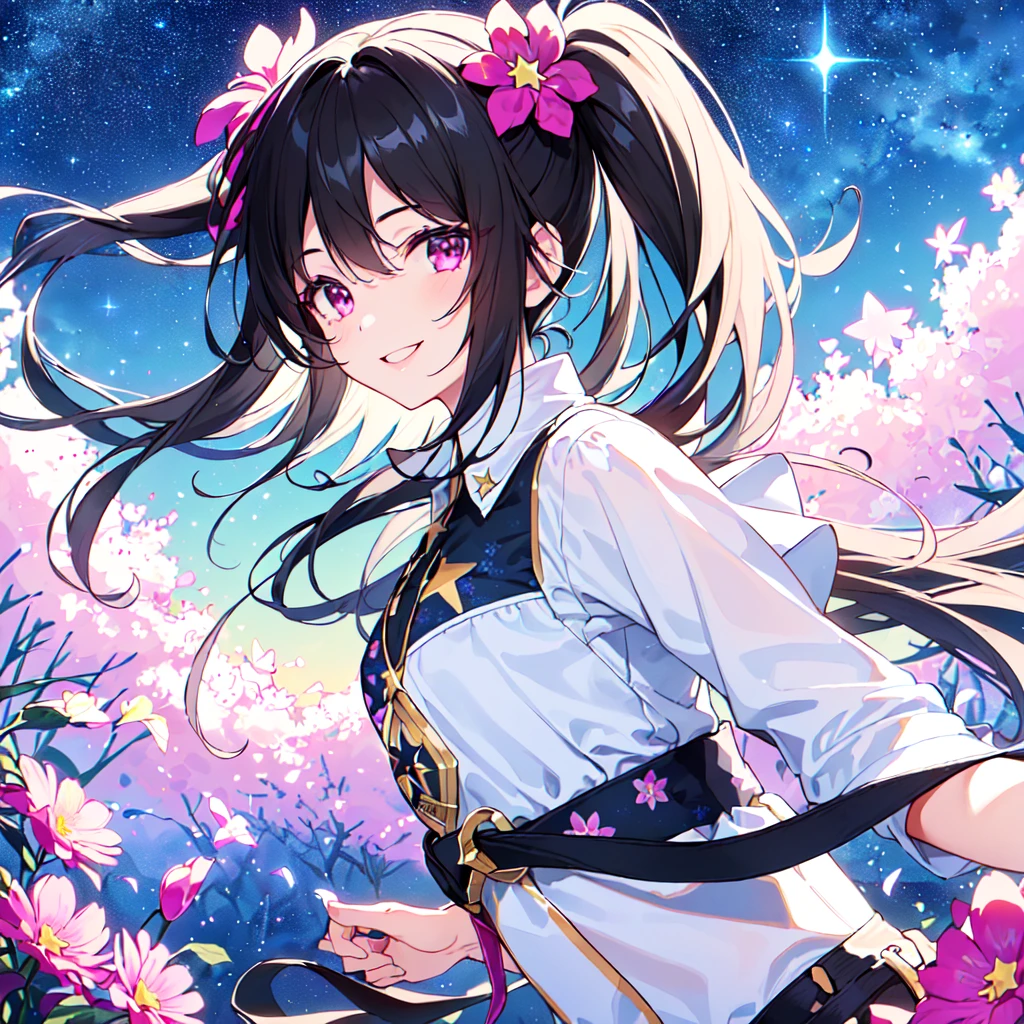 masterpiece, best quality, high quality, extremely detailed, very delicate and beautiful, (1 female 18 years old solo:1.2), (long black hair up to waist with two side up:1.4), bangs to eyebrows, eyes (eyes sharp, strong glossy glossy eyes, eyebrows glossy, (eye color magenta:1.3), 6.5 head height, (southern star flower and star summer print fashion:1.3), knee socks, ruffles, lace, (smiling), (running), (dynamic pose), (background southern star flower field: 1.3),(starry sky: 1.3), (upper body:1.3)