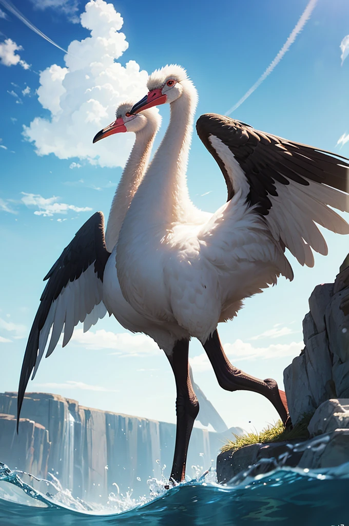 Ostrich with webbed feet under water