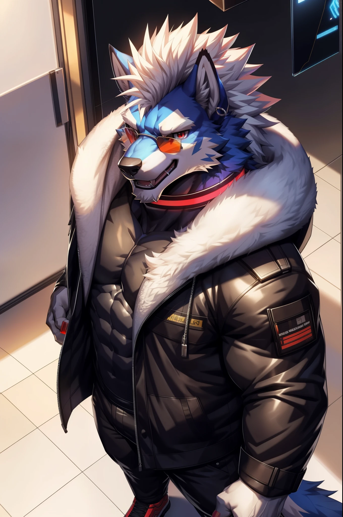 solo, anthro, furry, furry male, wolf, ((fluffy fur, fluffy, furry body)), (wolf print), red eyes, hair tuft, long hair, (light blue body, blue body, muscles), wolf tail, ((white hair, mohawk hair)), (white muzzle, white forearms), Camera Recording POV, Camera POV, security footage pov, phone in hand, detailed fluffy fur, detailed face, detailed eyes, puffy arctic coat, black coat, black coat cropped, puffy coat, winter coat, cropped coat, sunglasses, aviator sunglasses, black trousers, gold earring, tight clothes, white shoes, black aviator sunglasses, smaller arms (full body, round ass, fluffy ass, Red LED glowing collar), cyberpunk, valorant,(by DRKS, by raccoon21, by Sollyz, by null-ghost, masterpiece, high quality,hi res,8k hd), close-view portrait, looking at viewer, indoors, changing room, clothing store, cute face, open mouth, teeth, detailed teeth, grinning expression, camera view angled from above, heavy shadows, athletic build, full body,