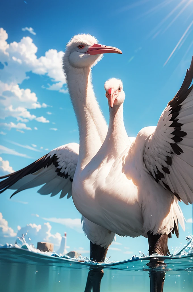 Ostrich with webbed feet under water