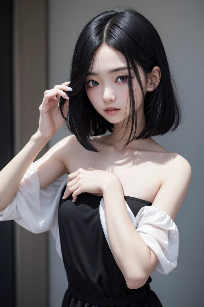 a girl, she has shoulder-length black hair, her skin is pale, one eye is blue and the other is black, she is thin and wears a basic black dress.