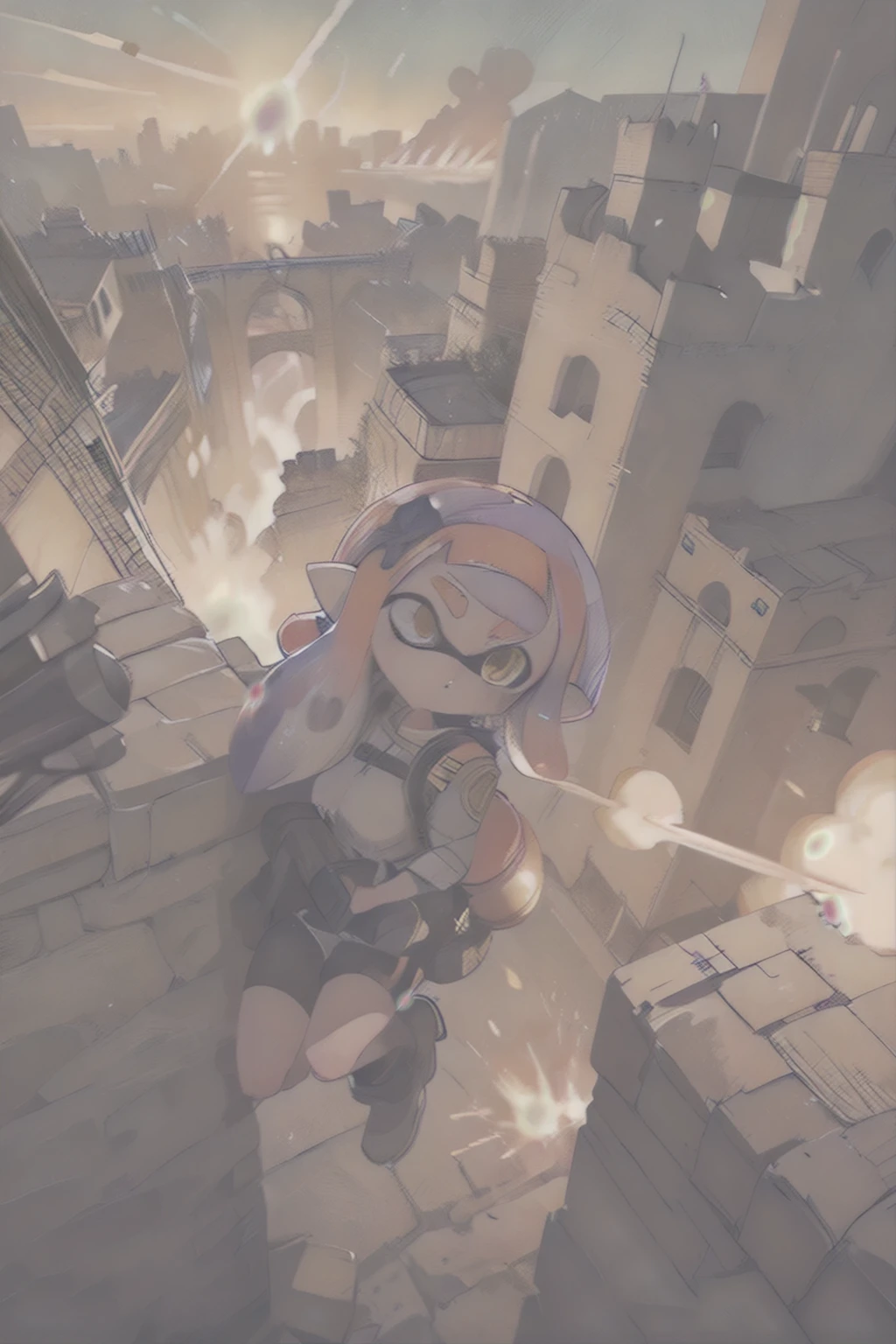 (A female Splatoon special forces soldier desperately climbing the outer wall of a fortress), Golden Eyes、A slightly thinner face、
A giant fortress floating in the sky,
The fortress is bombarding the city above with artillery.,
The city exploded below,
She survived the explosion,
(action effects:1.2), (shock effects:1.2), (Dynamic Hair),
whole body, From above,
(masterpiece), (Highest quality), (Very detailed), (Vivid and colorful images), (shonen),
Clear images, Clear images, Clear images, Clear images,
Extremely detailed skyscrapers,
