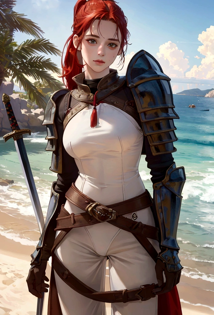 (best quality,4k,8k,highres,masterpiece:1.2),ultra-detailed,(realistic,photorealistic,photo-realistic:1.37),fantasy art,portrait,landscape,wind,hazel eyes,dirty face,medieval girl knight,14-year-old girl,red ponytail,armor made of leather, standing on a sandy beach,holding a sword,oppressive atmosphere,erotic facial expression,photo-realistic skin on her face,captivating view,alluring gaze,vivid colors,sharp focus,Redhead ponytail, Dusty face, Wearing leather armor, With a sandy beach in the background, Sword in hand, Wind, Photorealism, Sharp focus, Realistic facial skin, heavy atmosphere,With a view,Sexy face、Medieval female knight、Beautiful 14 year old girl、Hazel Eyes、Full body photo、Beautiful girl in white sarouel pants、Whole body posture
