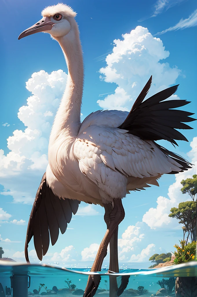 Ostrich with webbed feet under water