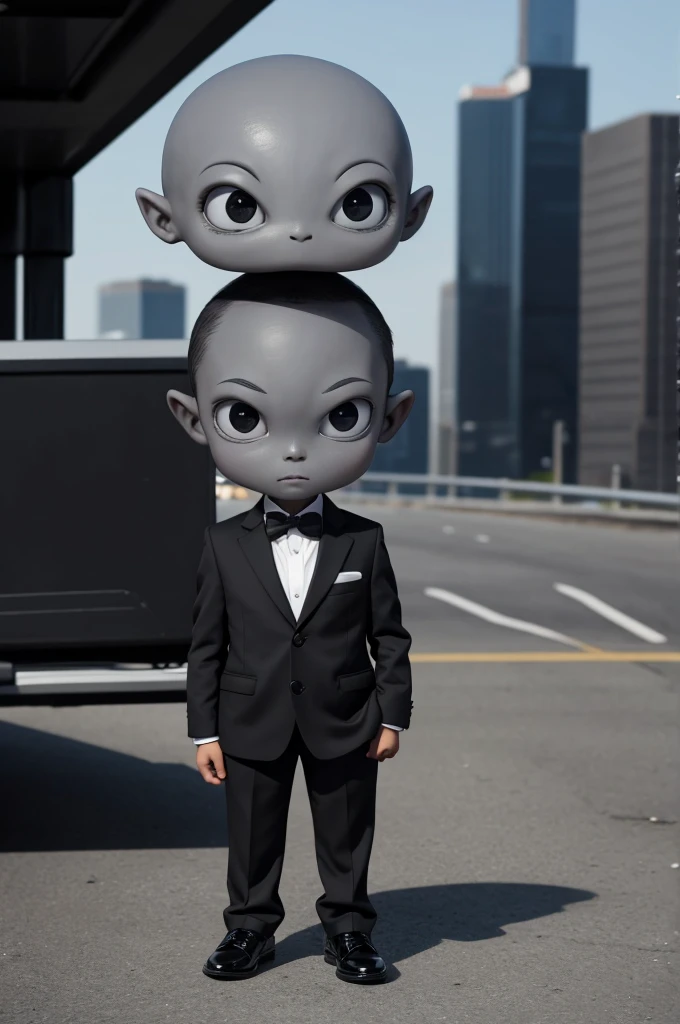 Small gray alien wearing a black business suit and black shoes, big head, big black eyes, very short, very skinny, as a news reporter