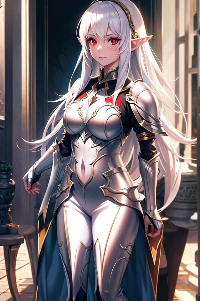 mature female elf, full body, long white hair, pointed ears, white skin, red eyes, confident expression, full plate adorned armor.