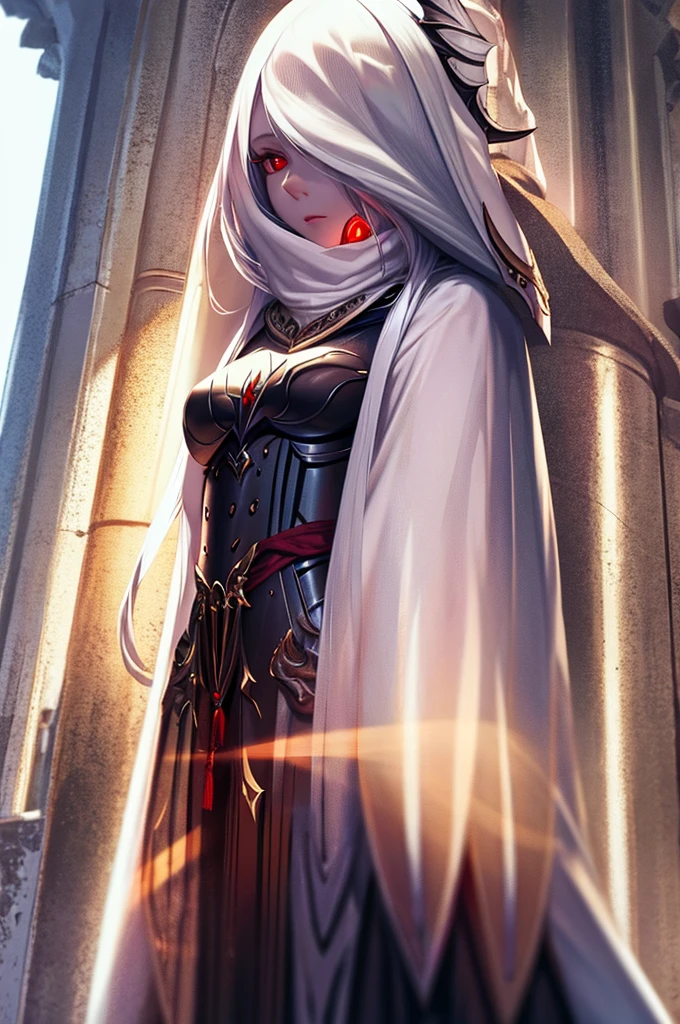 mature female elf, full body, long white hair, pointed ears, white skin, red eyes, confident expression, full plate adorned armor.