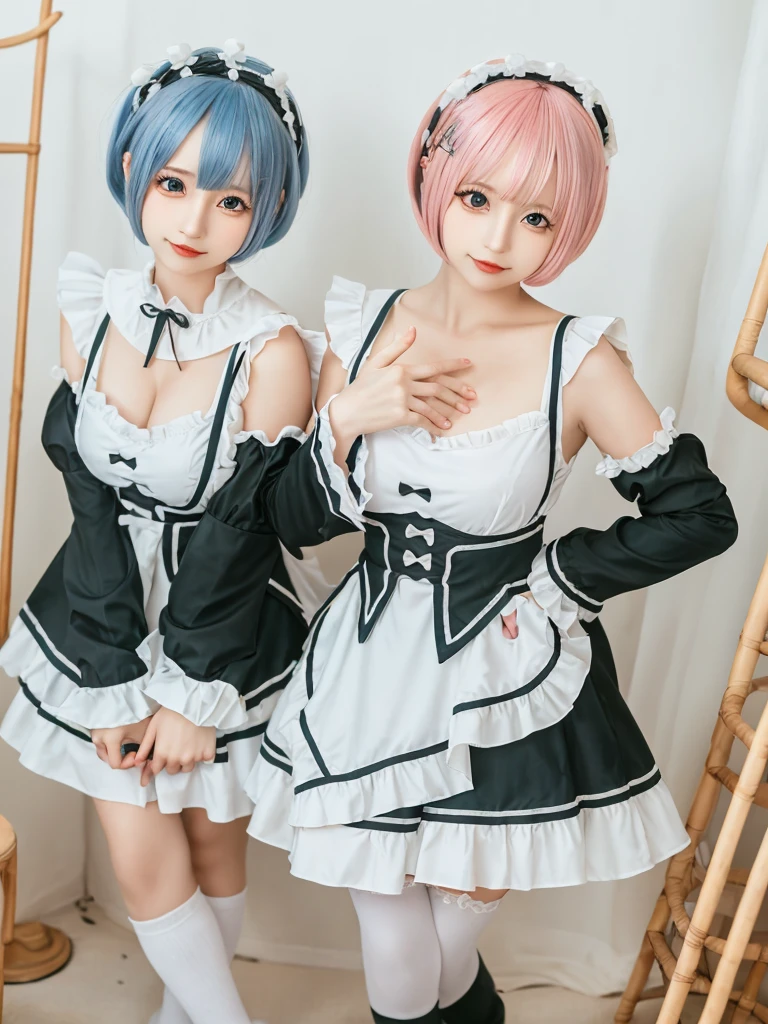 Accurate depiction with high resolution,(8K, Photorealistic, Raw photo, of the highest quality: 1.3), (1girl in), Super beautiful, (Realistic face), (boyish, pink Color Berry Shorthair), Beautiful , Glare that captivates the viewer, Beautiful expression, Beautiful breasts, (Realistic skin), Be...Create a detailed and colorful image of Ram and Rem from Re:Zero, standing back-to-back in their maid outfits, with a magical fantasy background、14years old, two girls,cute, perfect face, beautiful, nice body, gothic lolita clothes, gothic lolita fashion, frilly skirt, headdress, necklace, bracelet, knee-high socks, boots, double eyelids, tear bags, Detailed down to the fingers, photo-like description, indoors, dim indoor lighting, one girl is pink hair and short bob, another girl is light blue hair and short bob,standing,whole body, composition that shows the whole body, smiling,The Both of them are wearing the same type of maid outfit,Optimal ratio of 4 fingers and 1 thumb,walking