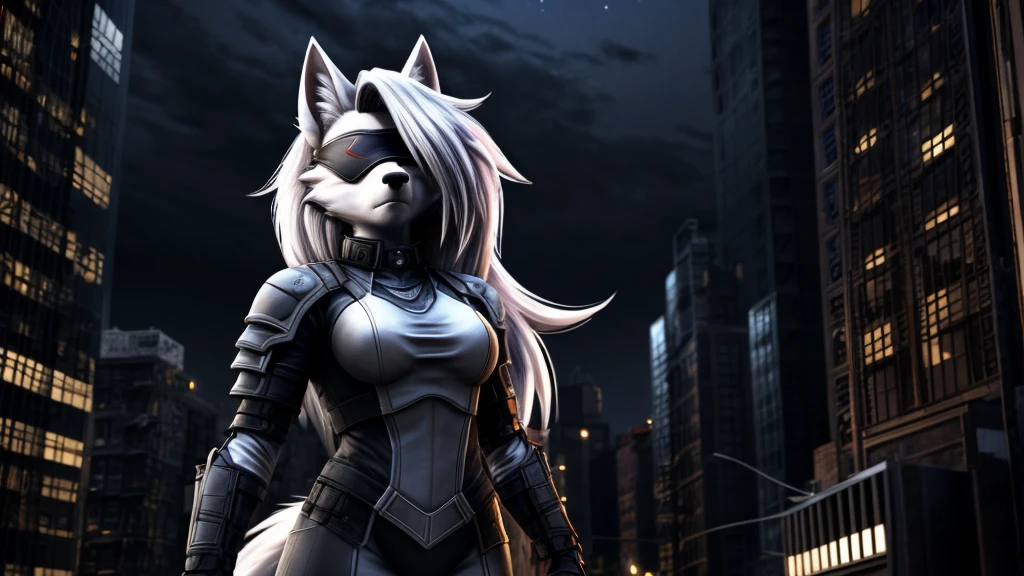Loona from Helluva Boss, female white wolf, short white hair, white blindfold, she is blind, white combat military armor suit, standing above a building, New York, night, dark lighting, extremely detailed, solo, beautiful, high quality, 4K