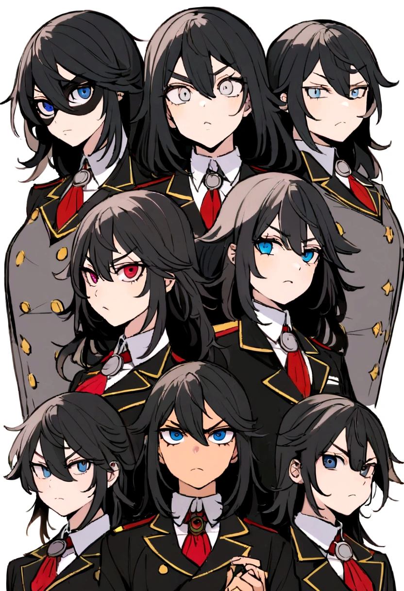 Chico, cabello negro y azul, ojos amarillos intensos, pecas en la cara y una cicatriz en el ojo izquierdo, has a serious expression, lleva puesto el uniforme de la UA saco gris y corbata roja. En un anbiente escolar 