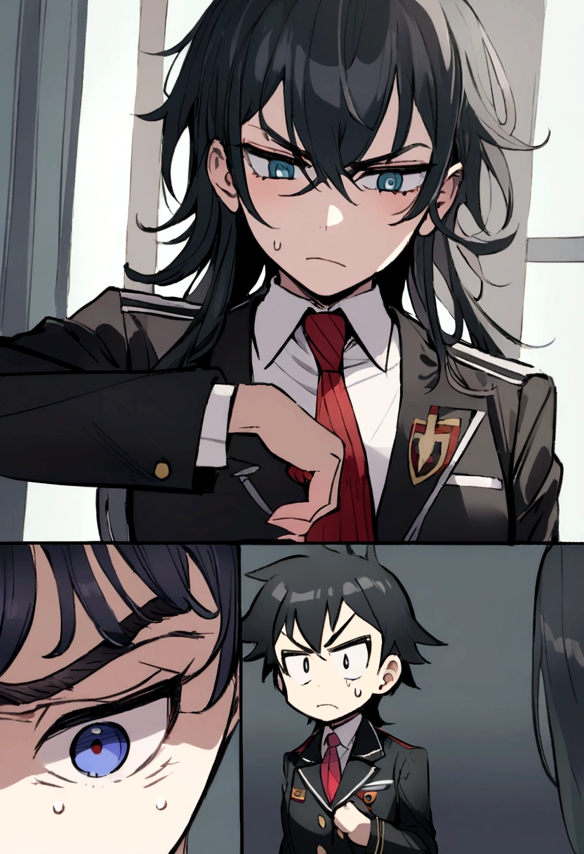 Chico, cabello negro y azul, ojos amarillos intensos, pecas en la cara y una cicatriz en el ojo izquierdo, has a serious expression, lleva puesto el uniforme de la UA saco gris y corbata roja. En un anbiente escolar