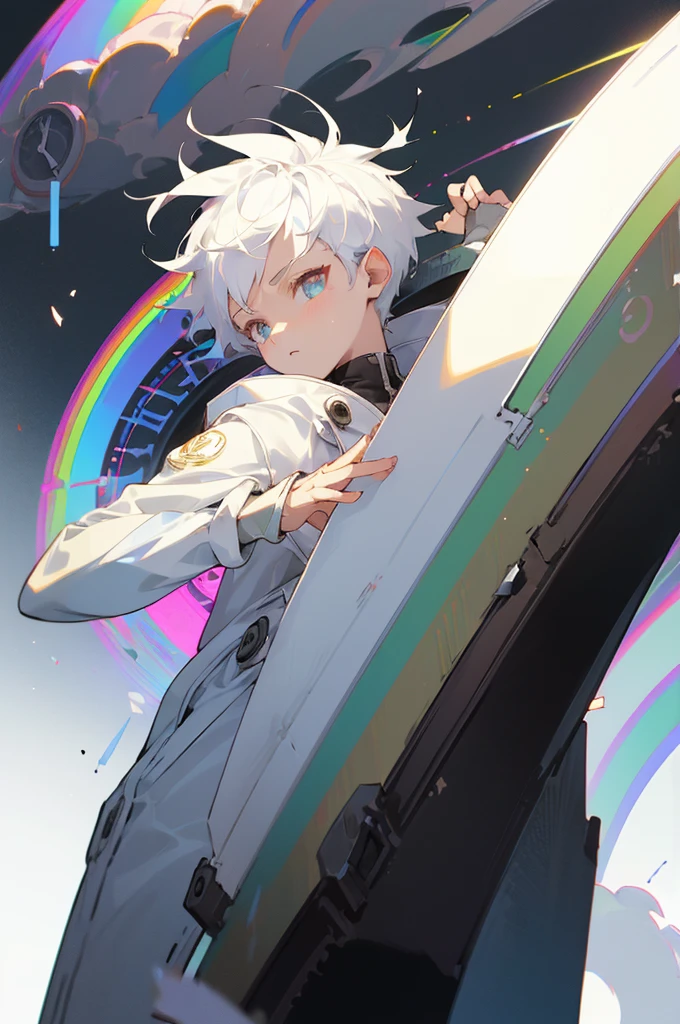 [(WHITE BACKGROUND:1.5)], ((masterpiece)), high quality, ((solo)), ((unger boy)), (white color short hair), (rainbow color eye), bright skin, white parka, ((anime style)), (clock rainbow effect:1.3),
