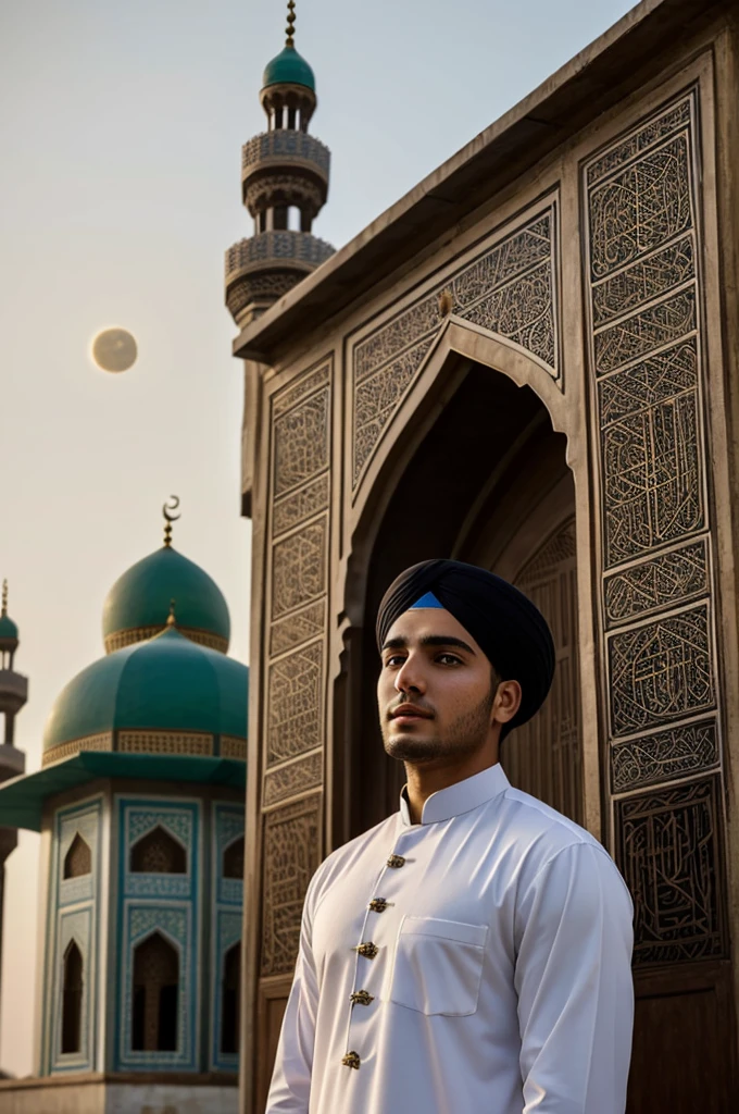 ((best quality)), ((masterpiece)), (detailed), perfect face A 21-year-old boy is standing in front of the mosque.  (Eid moon is rising in the sky), (Eid Mubarak is written in the sky). the boy is wearing Punjabi clothes.