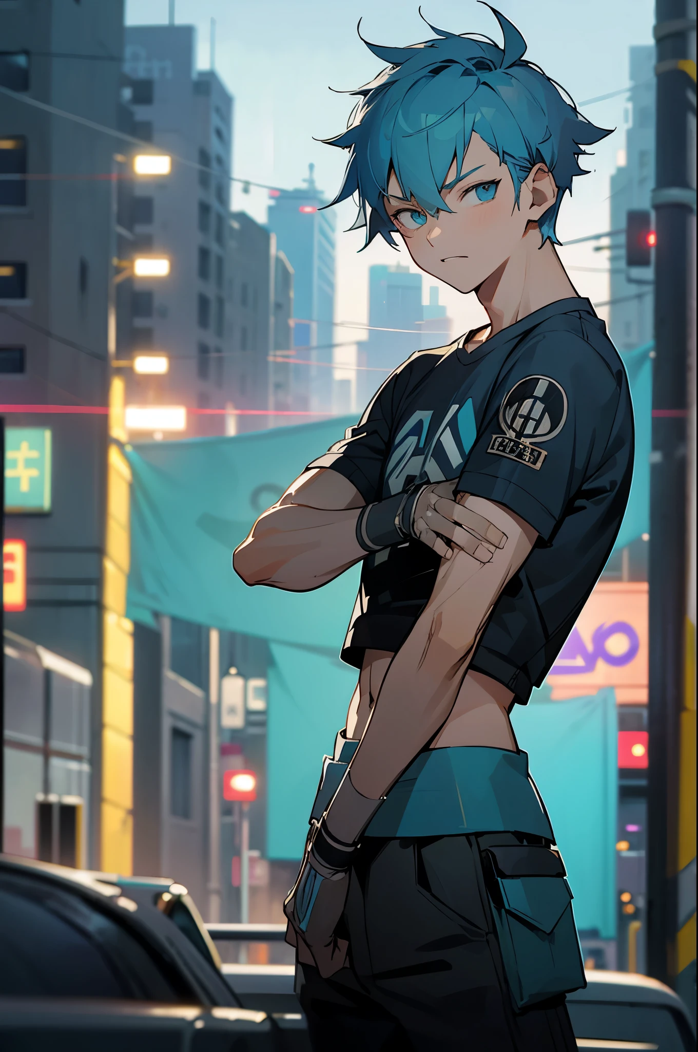 1boy, male focus, short hair, blue hair, blue eyes, graphic t-shirt, punk t-shirt, digital illustration, cyan and black, looking at viewer, busy city street, atmospheric lighting, midriff peek, night, blurry, best quality, amazing quality, best aesthetic, absurdres
