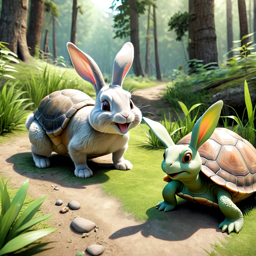 In the wilderness, a rabbit walks while laughing, looking at a turtle walking in the wilderness, 3D rendering, photo realistic