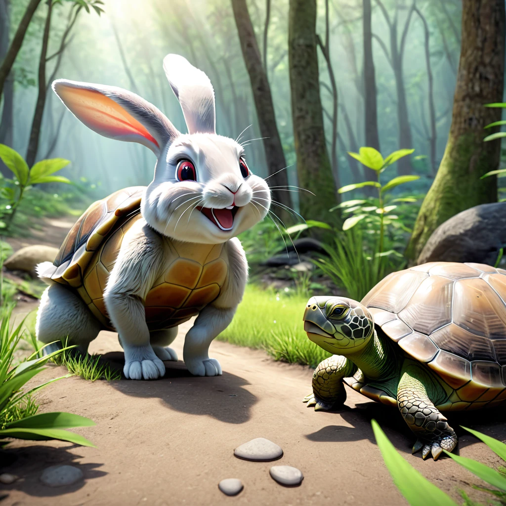 In the wilderness, a rabbit walks while laughing, looking at a turtle walking in the wilderness, 3D rendering, photo realistic