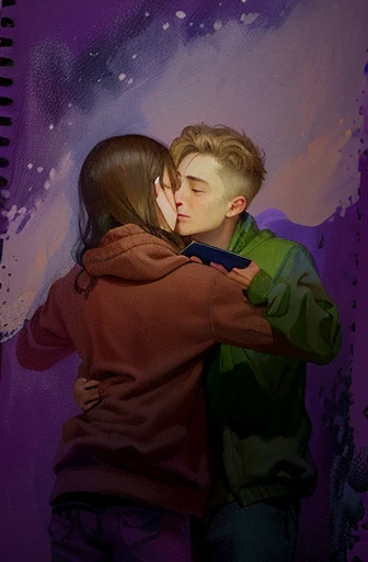 painting of a couple hugging each other in front of a purple background, hugging, hugging each other, two men hugging, hug, fan art, hugs, blurry and dreamy illustration, no words, a painting of two people, took on ipad, [ digital art ]!!, grainy, sad scene, very sad, holding close, spirit hugs, by Maki Haku