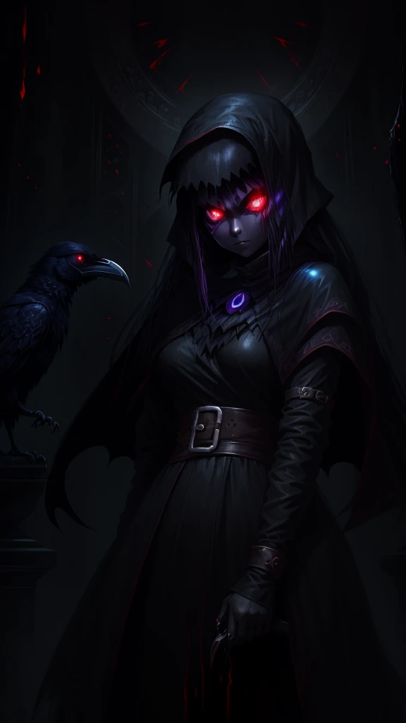 girl, dark, glowing eyes, evil, evil and scary look, raven nearby
